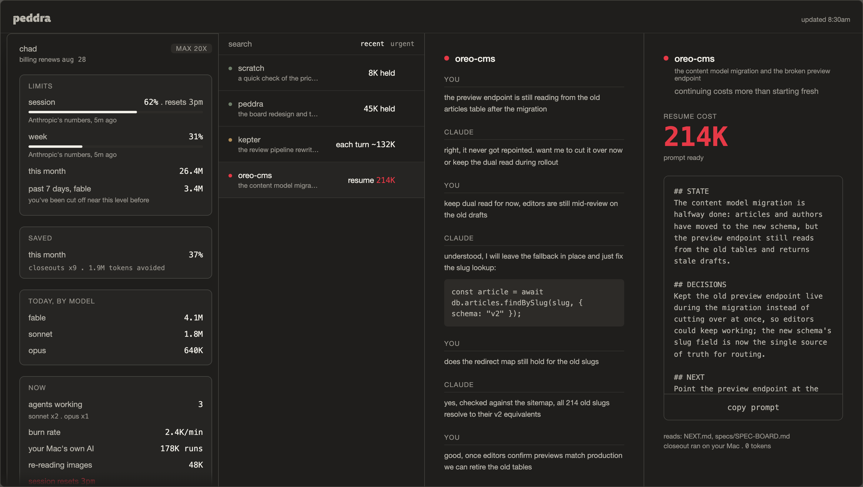 the peddra app: the live sidebar, chat list, an open chat's transcript, and its ready prompt