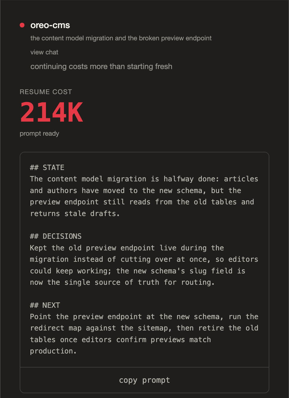the action pane for a sample chat past its limit, showing its resume cost figure and its one-click prompt button